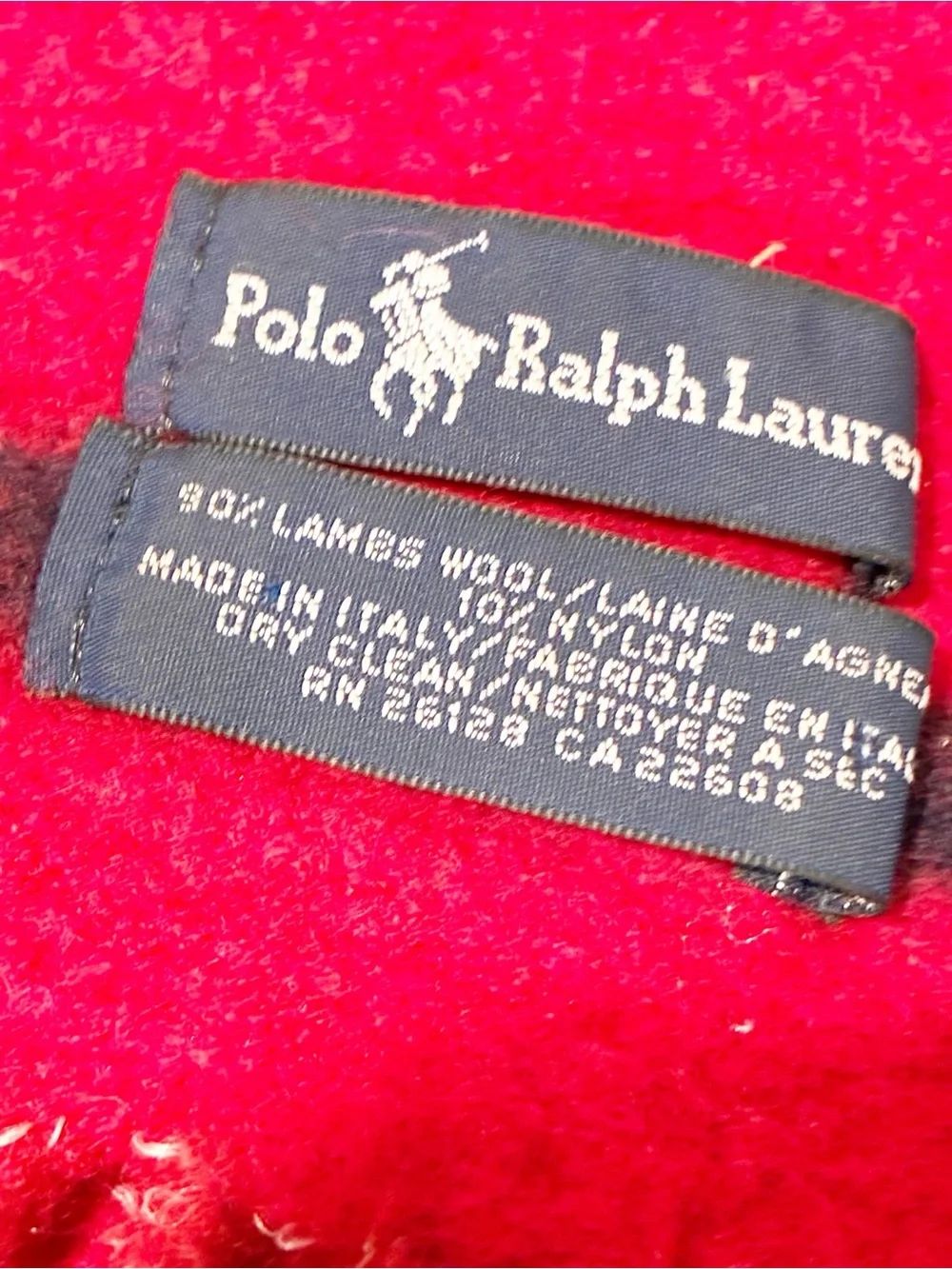 Polo Ralph Lauren Lambs Wool Red Blue Stripe Fringe Vintage Scarf